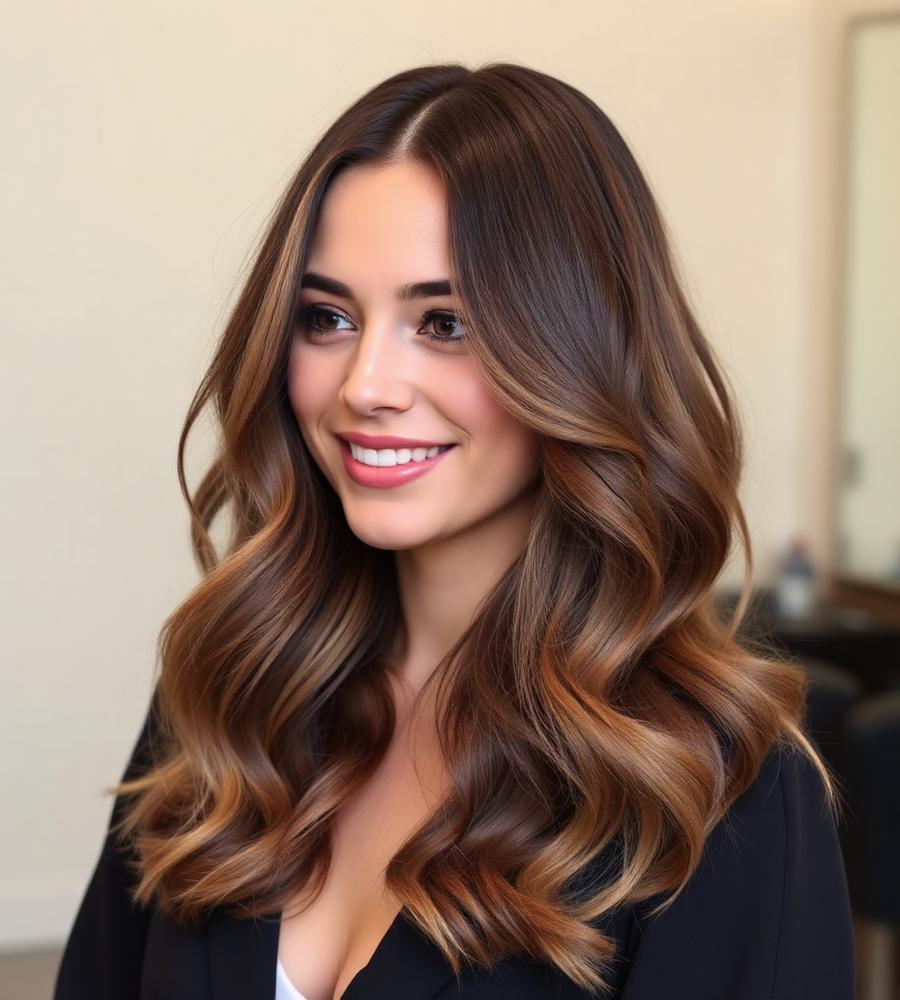 Glossy blow-dry with soft bouncy waves